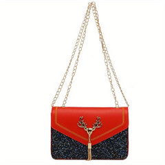 Sequined Chain Shoulder Bag Tassel Flap PU Crossbody Bag