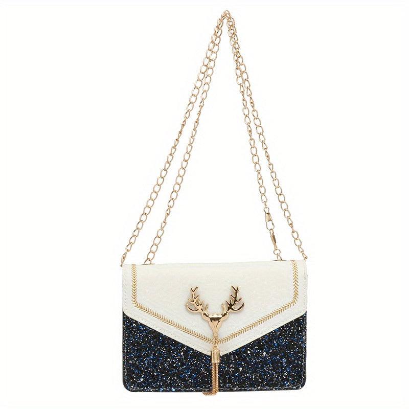 Sequined Chain Shoulder Bag Tassel Flap PU Crossbody Bag