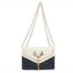 Sequined Chain Shoulder Bag Tassel Flap PU Crossbody Bag