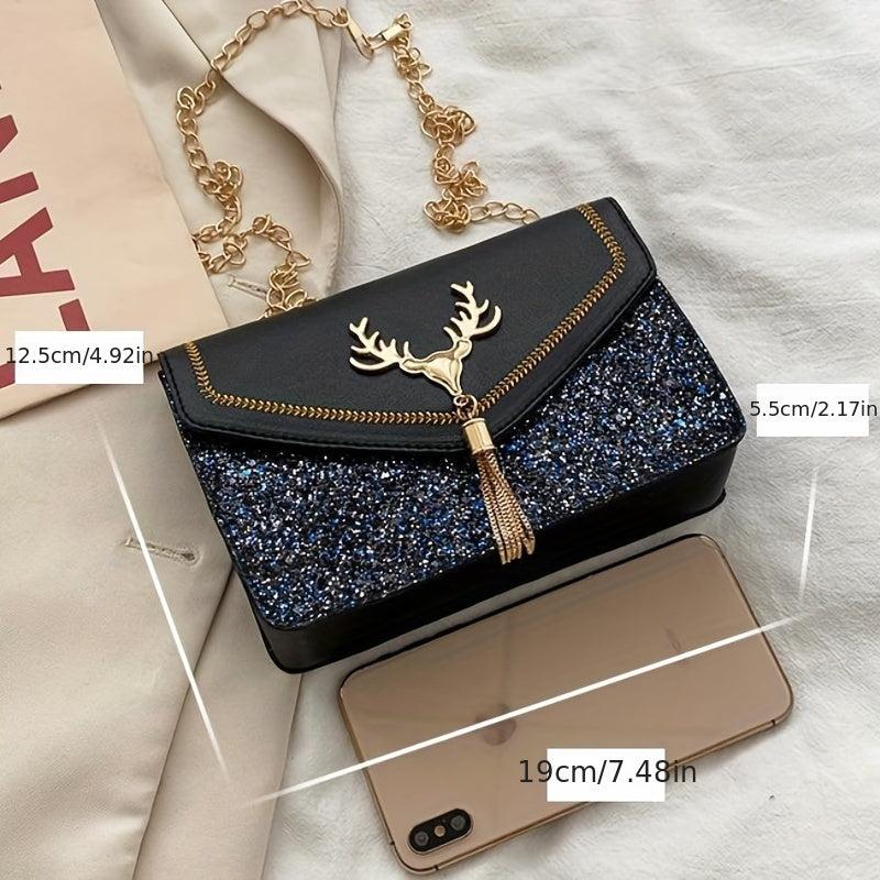 Sequined Chain Shoulder Bag Tassel Flap PU Crossbody Bag