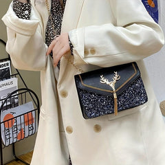 Sequined Chain Shoulder Bag Tassel Flap PU Crossbody Bag