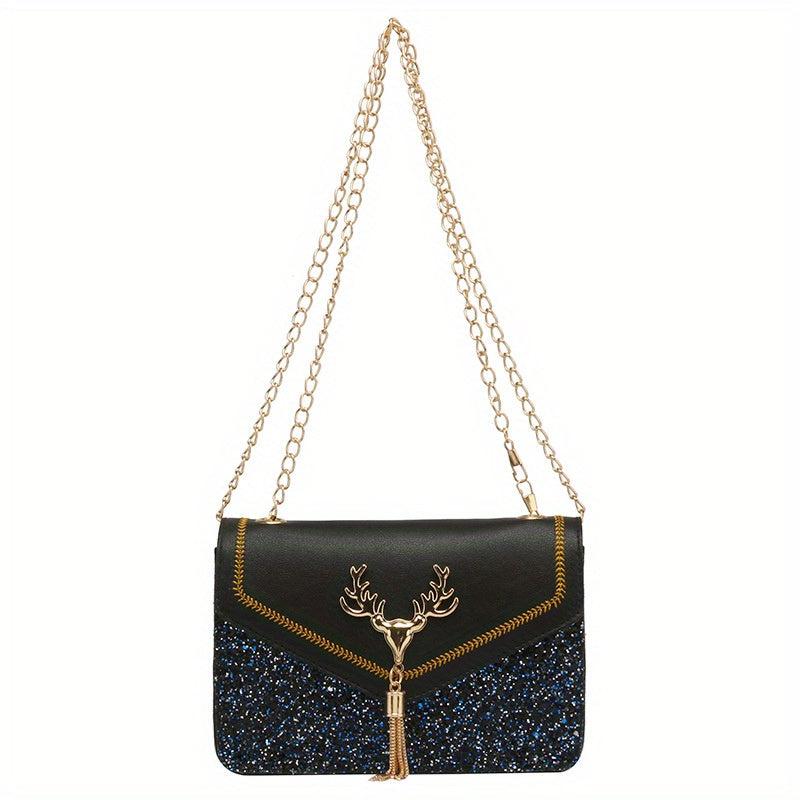Sequined Chain Shoulder Bag Tassel Flap PU Crossbody Bag