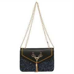 Sequined Chain Shoulder Bag Tassel Flap PU Crossbody Bag