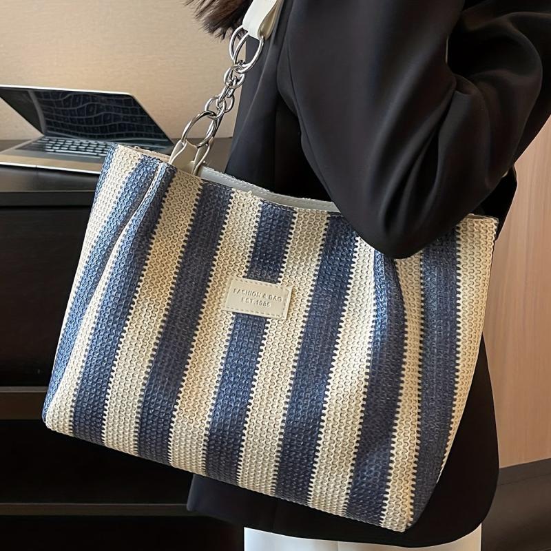 Large Capacity Striped Tote Bag for Work & School