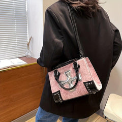 Y2K Snakeskin Small Tote Bag with Crucifix Decor