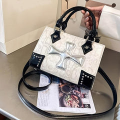 Y2K Snakeskin Small Tote Bag with Crucifix Decor