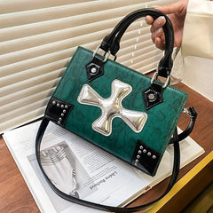 Y2K Snakeskin Small Tote Bag with Crucifix Decor