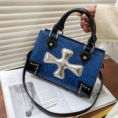 Y2K Snakeskin Small Tote Bag with Crucifix Decor
