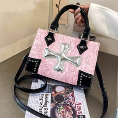 Y2K Snakeskin Small Tote Bag with Crucifix Decor