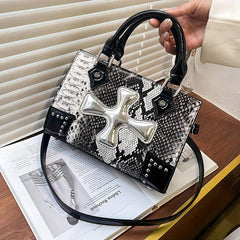 Y2K Snakeskin Small Tote Bag with Crucifix Decor