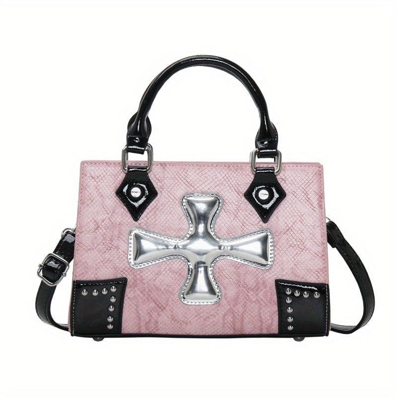 Y2K Snakeskin Small Tote Bag with Crucifix Decor
