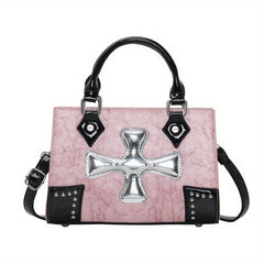 Y2K Snakeskin Small Tote Bag with Crucifix Decor