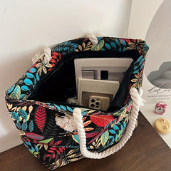 Leaf Print Canvas Tote Bag Women's Summer Beach Shoulder Bag