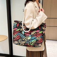 Leaf Print Canvas Tote Bag Women's Summer Beach Shoulder Bag