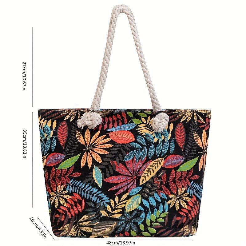 Leaf Print Canvas Tote Bag Women's Summer Beach Shoulder Bag
