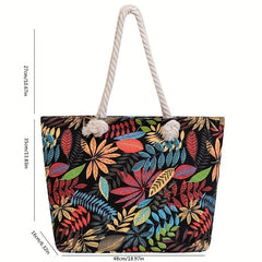Leaf Print Canvas Tote Bag Women's Summer Beach Shoulder Bag
