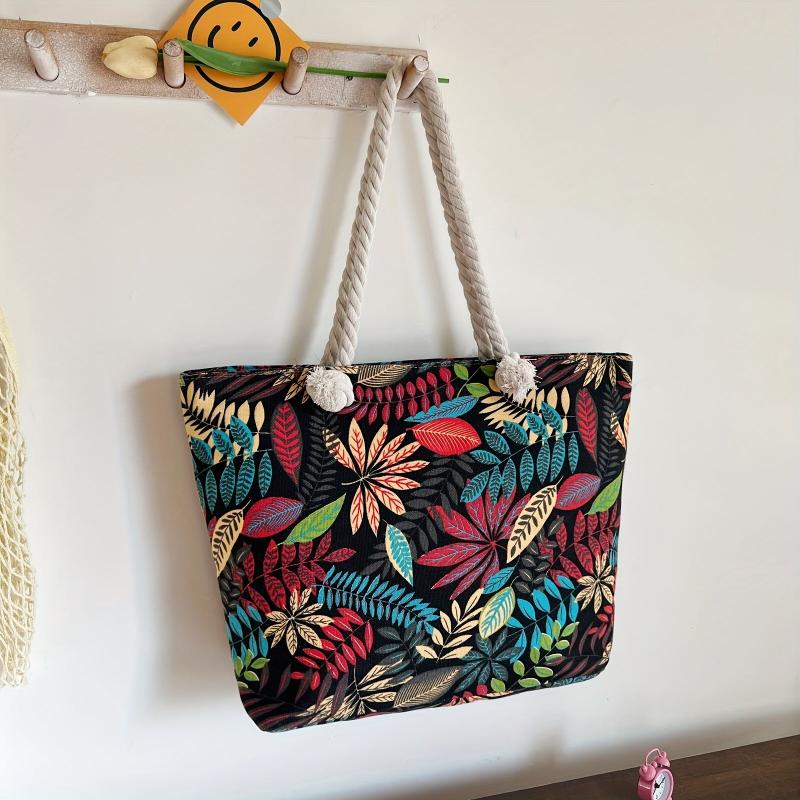 Leaf Print Canvas Tote Bag Women's Summer Beach Shoulder Bag