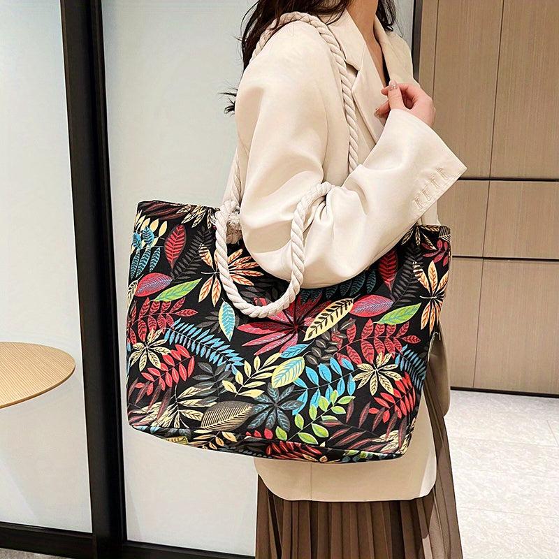 Leaf Print Canvas Tote Bag Women's Summer Beach Shoulder Bag