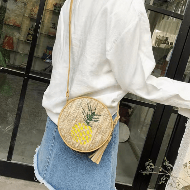 Leaf Embroidered Crossbody Bag Women's Straw Round Purse Tassel Summer Beach Bag