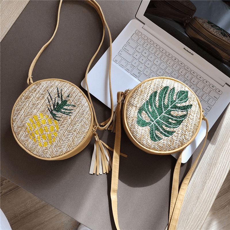 Leaf Embroidered Crossbody Bag Women's Straw Round Purse Tassel Summer Beach Bag