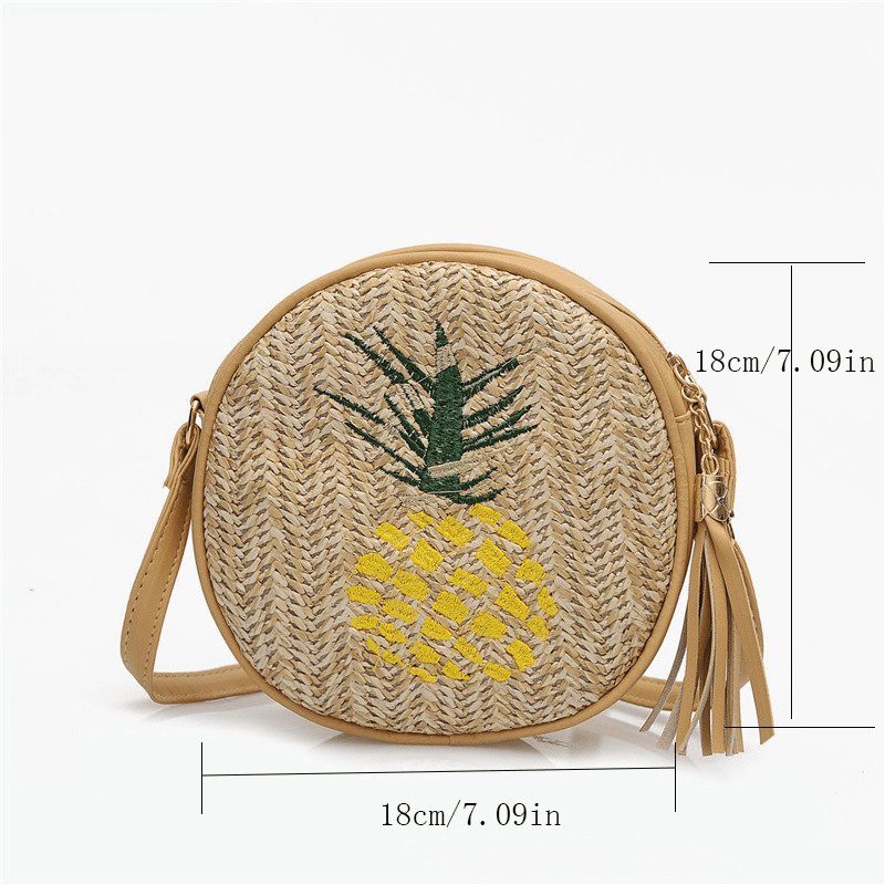 Leaf Embroidered Crossbody Bag Women's Straw Round Purse Tassel Summer Beach Bag
