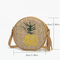 Leaf Embroidered Crossbody Bag Women's Straw Round Purse Tassel Summer Beach Bag