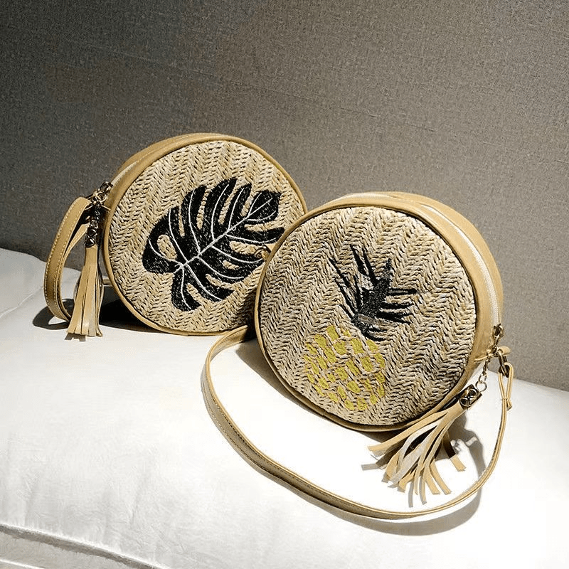 Leaf Embroidered Crossbody Bag Women's Straw Round Purse Tassel Summer Beach Bag
