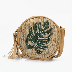Leaf Embroidered Crossbody Bag Women's Straw Round Purse Tassel Summer Beach Bag
