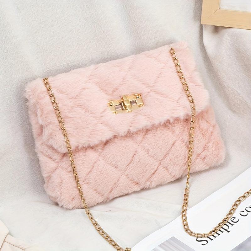 Chain Crossbody Bag Argyle Quilted Square Bag Faux Fur Flap Purse