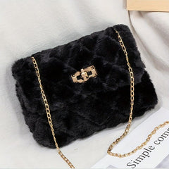 Chain Crossbody Bag Argyle Quilted Square Bag Faux Fur Flap Purse