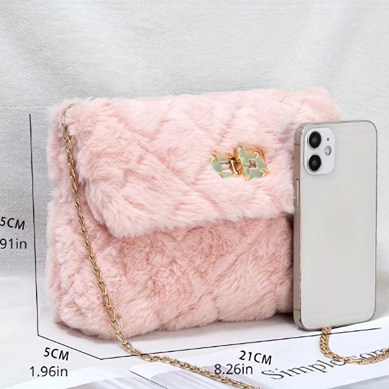 Chain Crossbody Bag Argyle Quilted Square Bag Faux Fur Flap Purse