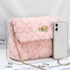 Chain Crossbody Bag Argyle Quilted Square Bag Faux Fur Flap Purse