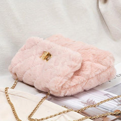 Chain Crossbody Bag Argyle Quilted Square Bag Faux Fur Flap Purse