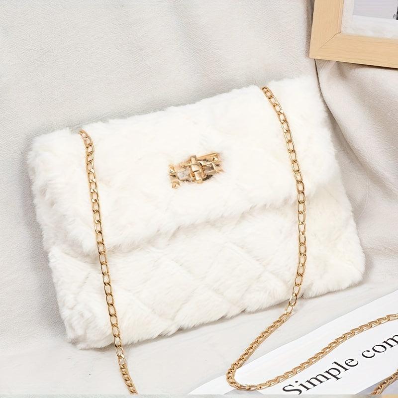 Chain Crossbody Bag Argyle Quilted Square Bag Faux Fur Flap Purse