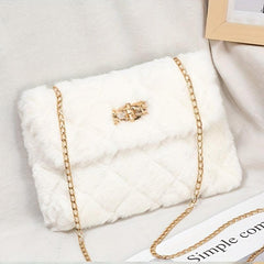 Chain Crossbody Bag Argyle Quilted Square Bag Faux Fur Flap Purse