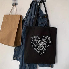 Gothic Spider Web Print Tote Bag Foldable Canvas Shoulder Bag
