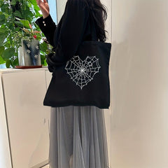 Gothic Spider Web Print Tote Bag Foldable Canvas Shoulder Bag