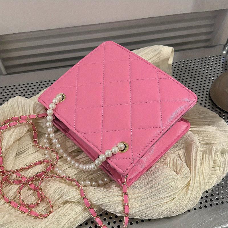 Argyle Quilted Crossbody Bag Small Square Purse Faux Pearl Decor