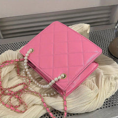 Argyle Quilted Crossbody Bag Small Square Purse Faux Pearl Decor