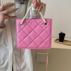 Argyle Quilted Crossbody Bag Small Square Purse Faux Pearl Decor