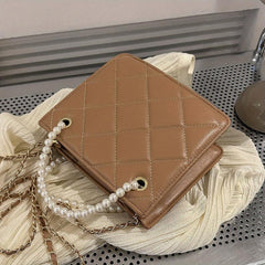 Argyle Quilted Crossbody Bag Small Square Purse Faux Pearl Decor