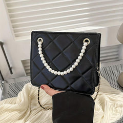 Argyle Quilted Crossbody Bag Small Square Purse Faux Pearl Decor
