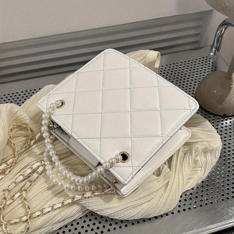 Argyle Quilted Crossbody Bag Small Square Purse Faux Pearl Decor