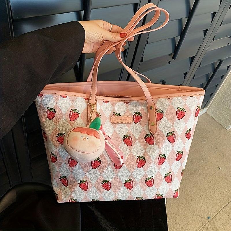 Strawberry Print Tote Bag Faux Leather Shoulder Bag Large Capacity Handbag
