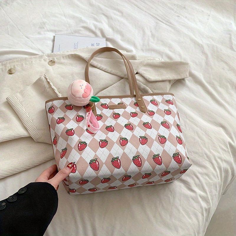 Strawberry Print Tote Bag Faux Leather Shoulder Bag Large Capacity Handbag