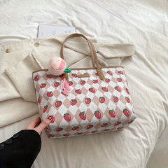 Strawberry Print Tote Bag Faux Leather Shoulder Bag Large Capacity Handbag