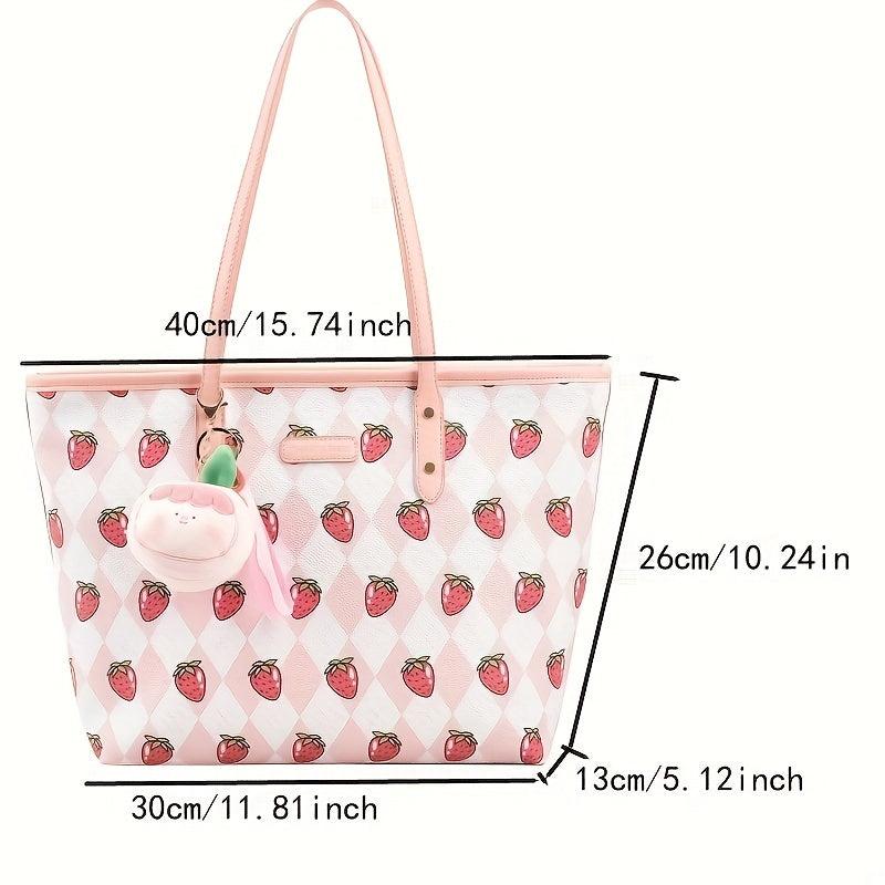 Strawberry Print Tote Bag Faux Leather Shoulder Bag Large Capacity Handbag