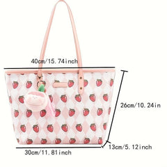 Strawberry Print Tote Bag Faux Leather Shoulder Bag Large Capacity Handbag