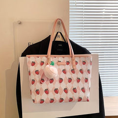 Strawberry Print Tote Bag Faux Leather Shoulder Bag Large Capacity Handbag