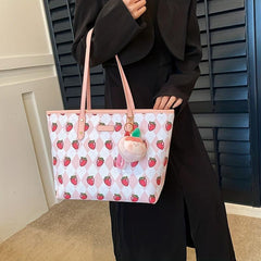 Strawberry Print Tote Bag Faux Leather Shoulder Bag Large Capacity Handbag
